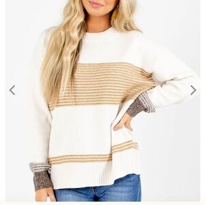 ee:some women’s Favorite Record Mustard Striped knit Sweater, size medium